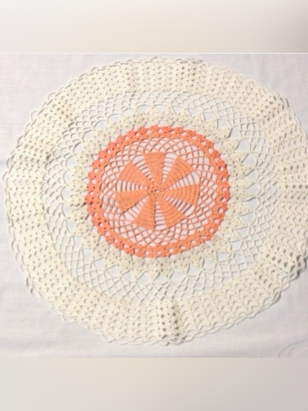 Doily Hand Crochet Coral  Ivory Snowflake 21" Round Vintage